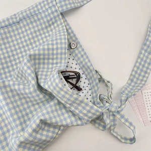 Detail of blue and yellow plaid canvas bag showing magnetic clasp and polka dot lining