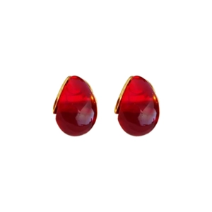 French minimalist gold water drop earrings with translucent red resin stones for women