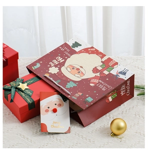 Detail view of festive red Christmas gift bag set with matching box and Santa Claus card