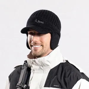 Men Winter Knitted Baseball Cap Acrylic Fleece Lined Warm Thick Windproof Outdoor Sports Hat With Visor And Ear Flaps