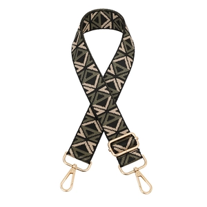 Adjustable wide fabric bag strap with green geometric triangle pattern and gold clips