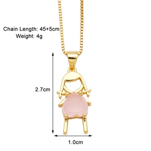 Detail view of girl pendant with pink heart stone and 45cm gold chain measurements