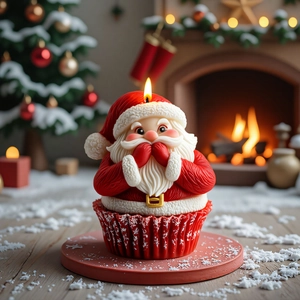 Creative Santa Claus candle shaped like a cupcake on a festive holiday background