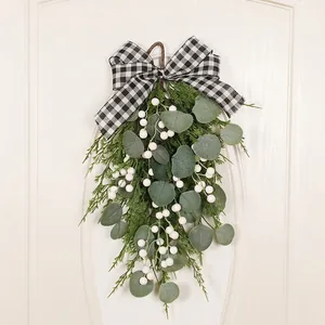 Artificial Christmas Teardrop Swag Eucalyptus Pine White Berry Wreath Buffalo Plaid Bow LED Hanging Decor Farmhouse Rustic