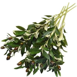 Artificial olive branches with green silk leaves and black fruits on white background