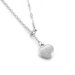 Elegant silver heart pendant necklace with sunburst engraving on an adjustable chain
