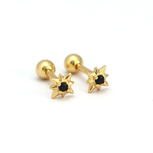 Golden octagonal star silver stud earrings with black gemstone and screw back closure