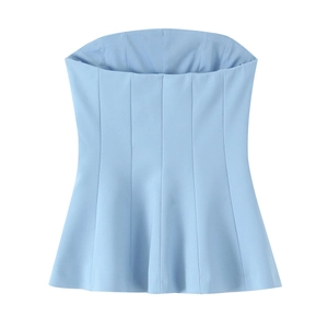 Light blue strapless peplum top with ruffled hem shown in a center-aligned flat lay view