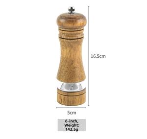 Detail view of 6 inch oak pepper grinder with acrylic window showing dimensions and weight