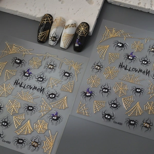 Halloween Nail Stickers 5D Embossed Gold Metallic Spider Web Black Cartoon Spider Waterproof Self Adhesive DIY Decals