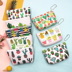 Detail of cute PU leather cactus coin purses with metal zippers and ball chain straps