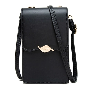 Detailed view of black PU leather phone bag with gold leaf clasp and adjustable strap