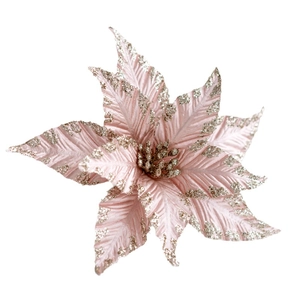 Pale pink artificial Christmas poinsettia with gold glitter petals for tree decoration