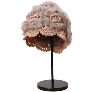 Handmade crochet winter knit hat with rabbit fur trim and 3D floral design in beige