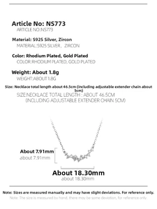 Detail specifications for S925 silver necklace featuring dimensions and zircon cluster pendant