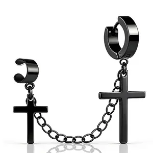 Stainless Steel Cross Chain Earrings Punk Gothic Ear Cuff Hoop Earring For Men Women Hip Hop Jewelry Novelty
