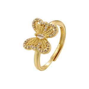 Bague papillon dorée créative avec cristaux et anneau ouvert ajustable pour femme