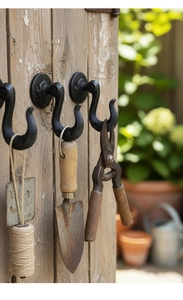 Detail view of vintage black cast iron J-hook holding gardening tools on aged wood wall