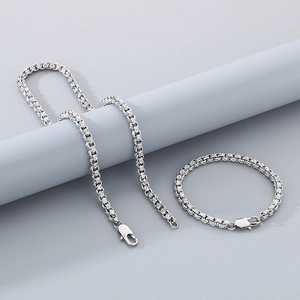 Detail of silver stainless steel mesh chain necklace and bracelet with lobster clasp