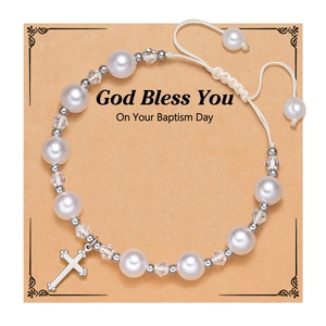Handmade baptism rosary bracelet with white pearls, silver cross charm and blessing card