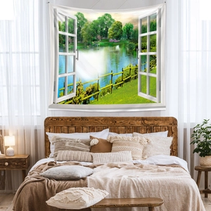 Detail showing high-quality nature landscape tapestry with 3D window view and lakeside park