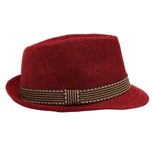 Detail of burgundy fedora hat showing textured linen fabric and striped ribbon band