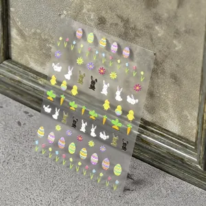 3D embossed Easter nail stickers featuring cute rabbits and colorful eggs pattern