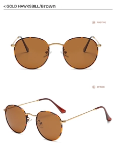 Front and 45-degree side views of gold tortoiseshell round vintage polarized sunglasses
