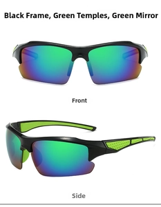 Front and side views of black sports sunglasses with green rubber grips and mirrored lenses