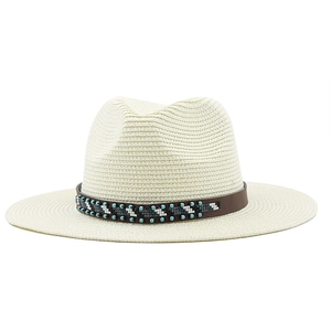 Handwoven beige straw sun hat with ethnic beaded leather band and flat brim for summer