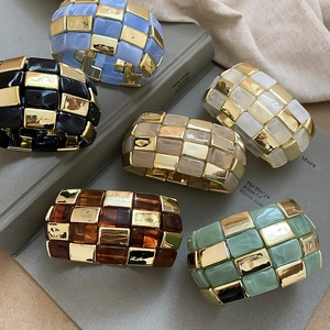 Retro geometric checkerboard acrylic and gold metal stretch bracelets in six colors
