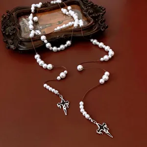Gothic style glass pearl necklace with ornate cross and sword pendant for women