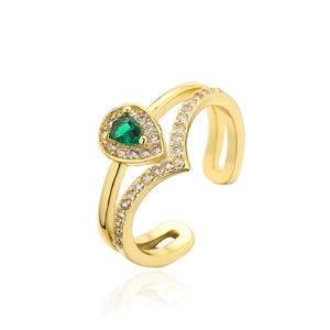 18K gold plated ring with green pear-cut zircon and double layer pave diamond band