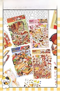 Detailed view of 2.5D isometric scenery stickers with miniature house shop themes