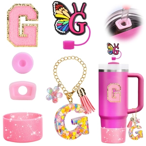 Pink glitter letter G charm and butterfly straw topper set for tumbler decoration