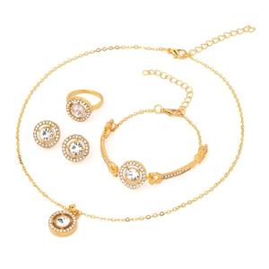 Elegant gold-plated 4-piece jewelry set with halo-style sparkling round cubic zirconia