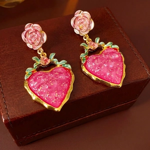 Vintage Rose Flower Heart Dangle Earrings For Women Alloy Resin Sweet Romantic Jewelry With Silver Earring Post