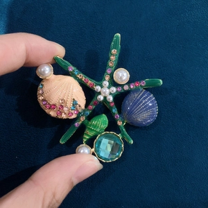 Starfish Shell Brooch Pin Alloy Enamel Rhinestone Faux Artificial Pearl Retro Marine Biological Nautical Style Jewelry