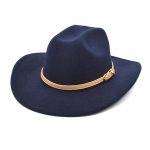Classic navy wool felt fedora with a camel leather belt strap and gold metal buckle