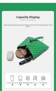 Detail showing capacity of a green woven mini bag for cosmetics and accessories