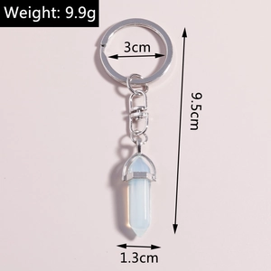 Detail view of hexagonal crystal keychain with dimensions and weight 9.9g specifications