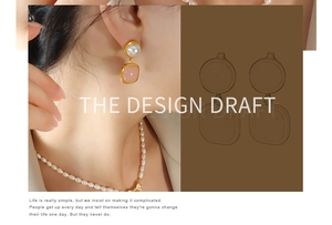 Detail showing elegant pink gemstone pearl earrings with design draft background