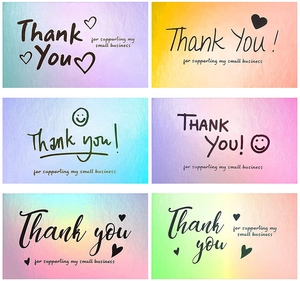 Macro view showing six laser thank you cards with colorful gradient backgrounds for small business