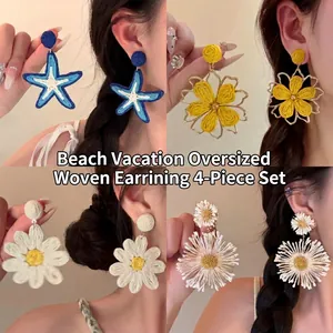 Boucles D'Oreilles Pendantes Fleur Étoile Tissées Bohème Avec Tige En Argent Alliage Coton Style Plage Femmes
