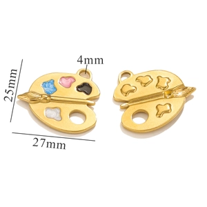 Golden stainless steel paint palette pendant with colorful enamel dots and dimensions