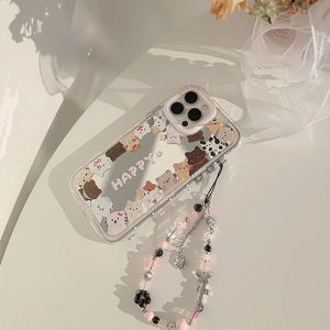 Cute cartoon cat and dog mirror phone case with pink beaded lanyard for iPhone Pro