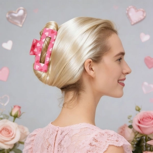 Pink heart pattern hollow hair claw clip shown on a golden bun for women's hairstyling