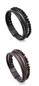 Detail of woven leather bracelets with tiger eye stones and black magnetic clasps