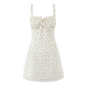 Women Sexy Floral Cami Dress French Pastoral Style Backless Lace Up Ruffle Square Neck Slim Fit Mini Dress Summer Sun Dress