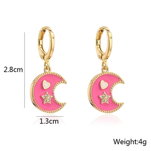 Detailed view of gold and pink enamel moon star earrings with precise size dimensions